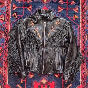 Vintage Floral Embroidered Fringe Leather Western Cow-Boy Jacket
